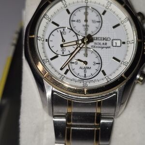 Seiko Solar Chronograph Two-Tone White Dial Watch